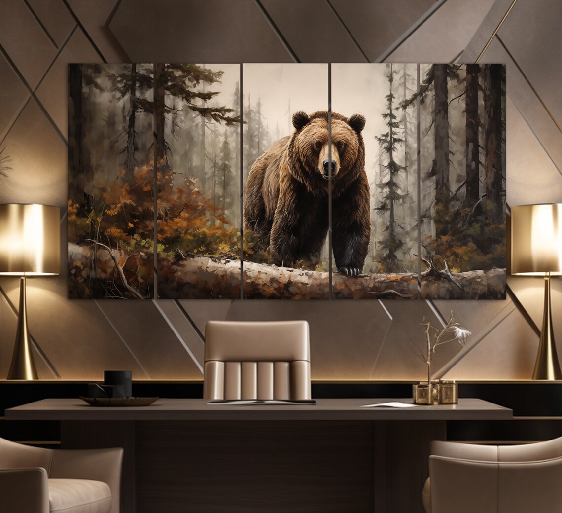 Grizzly Bear in Misty Forest, Wild Animals Art Print - Image 4