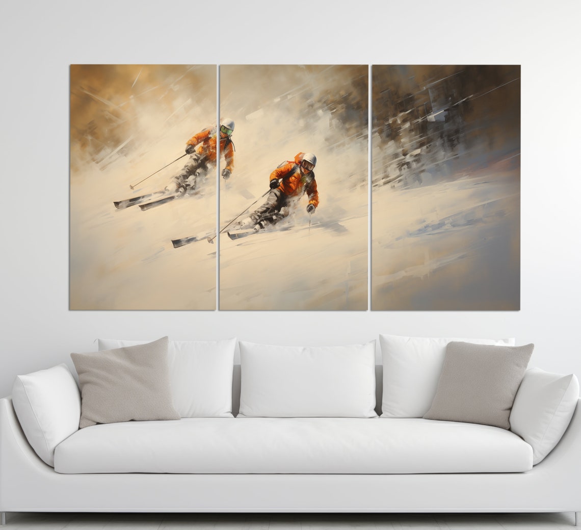 Downhill Skiers Racing Orange Jackets Snow Spray Oil Painting Poster - Image 3