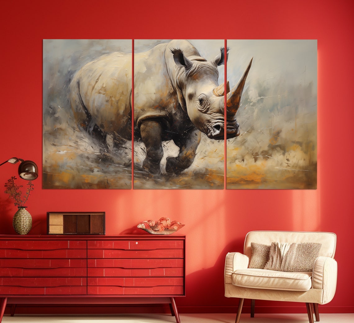 Charging Rhinoceros Neutral Beige Oil Painting Wildlife Wall Art - Image 6