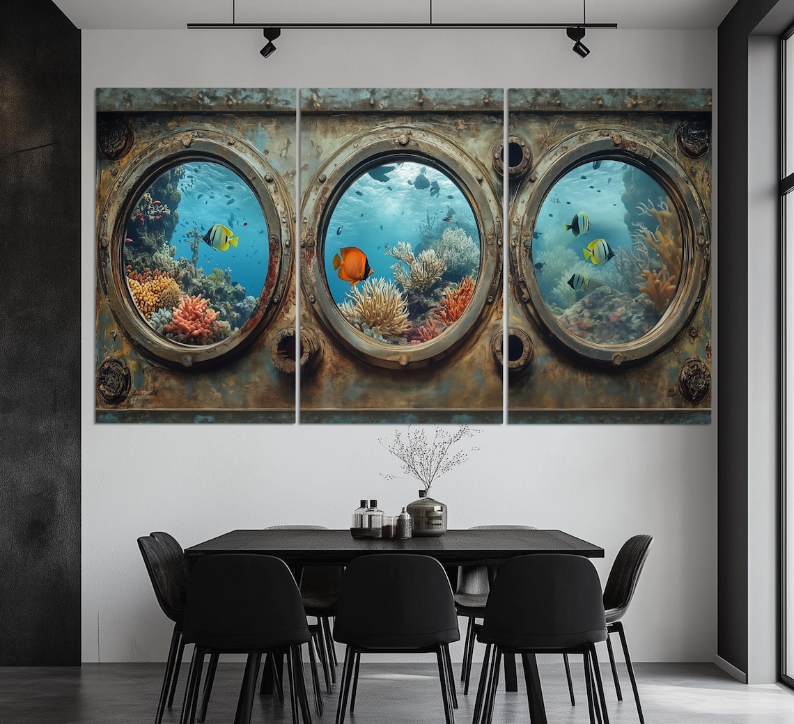 Underwater View From Porthole Print Fish Wall Art Underwater Painting Ocean Underwater Wall Art Diving Wall Decor Diver Gift - Image 3