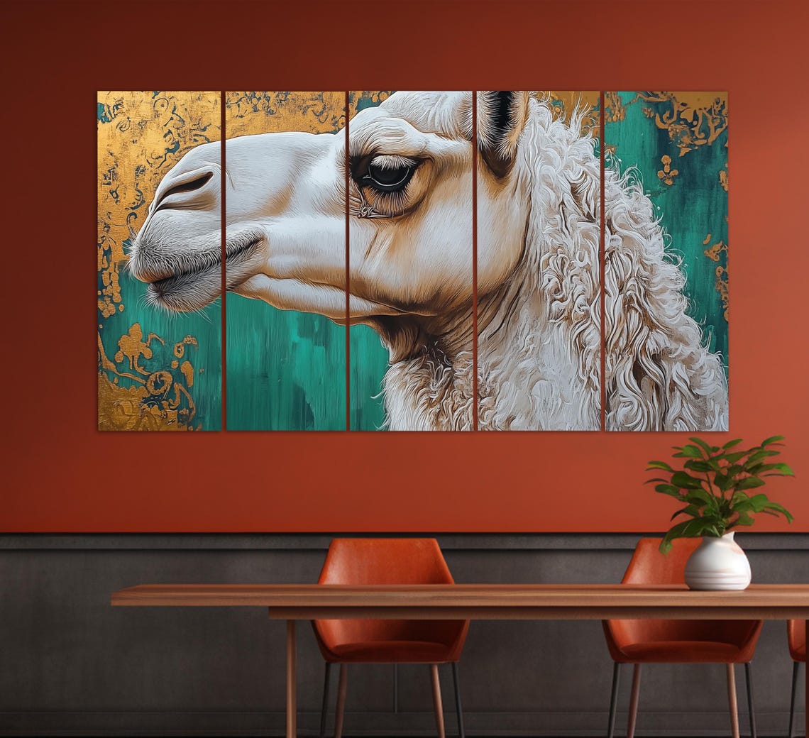 White Camel Portrait Emerald Green Gold Background Eastern Art Poster - Image 2