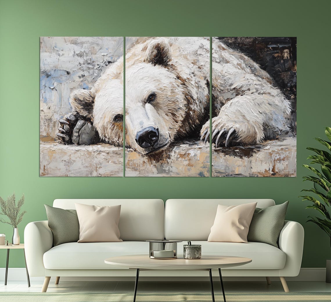 Sleepy Polar Bear Resting Head on Paws White Impasto Art Poster - Image 3