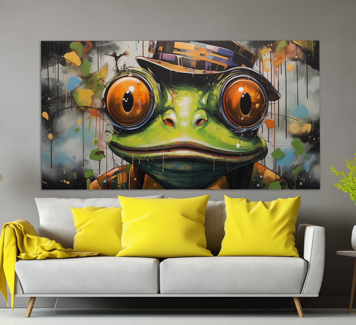 Funny Green Frog Wearing Hat Graffiti Street Art Bold Colorful Poster
