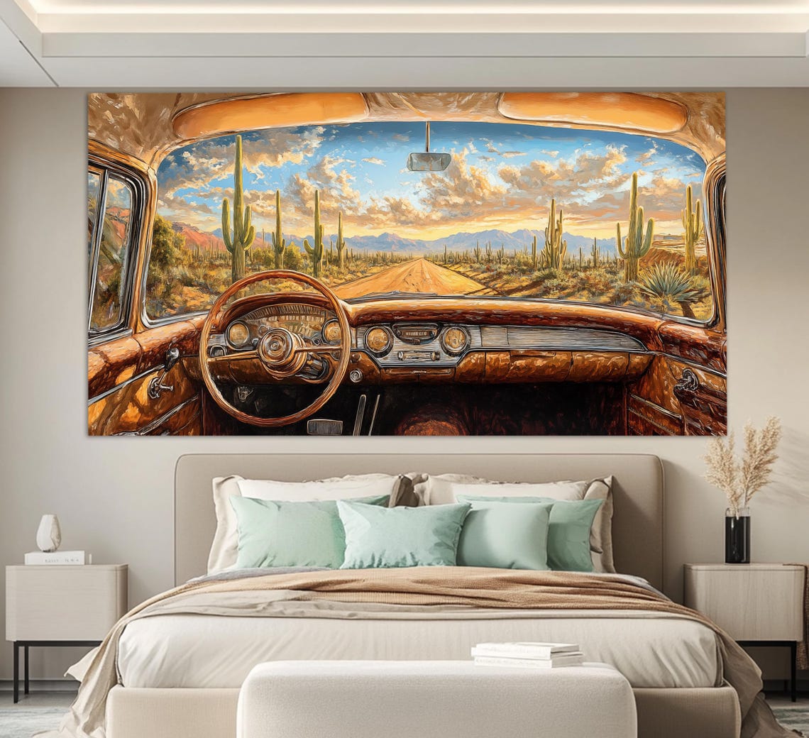 Vintage Car Desert Road Saguaro Cactus Sunset Driver View Poster
