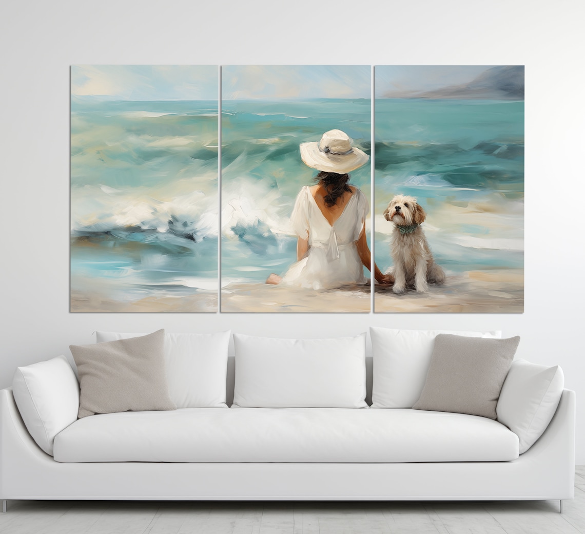 Woman With Dog on the Beach, Vintage Oil Print - Image 4