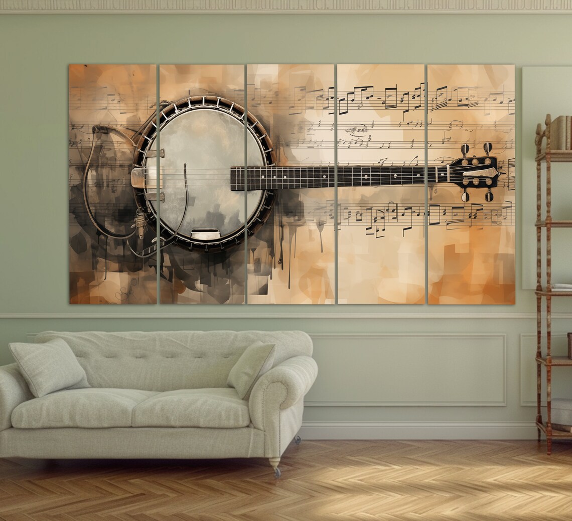 Vintage Banjo On Sheet Music Sepia Oil Painting Musician Gift Wall Art - Image 2