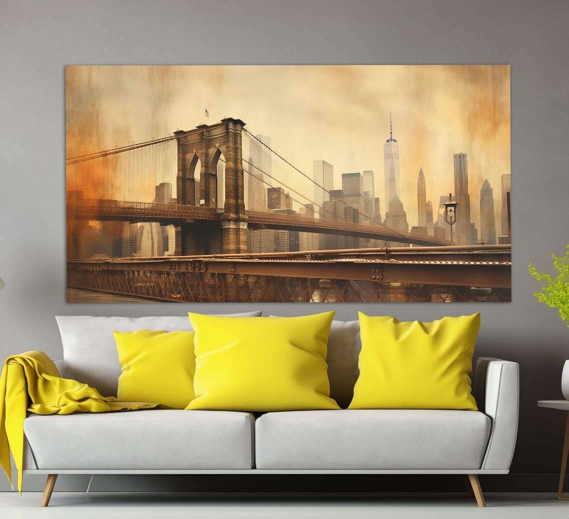 Brooklyn Bridge Sunset New York City Skyline Vintage Painting Poster