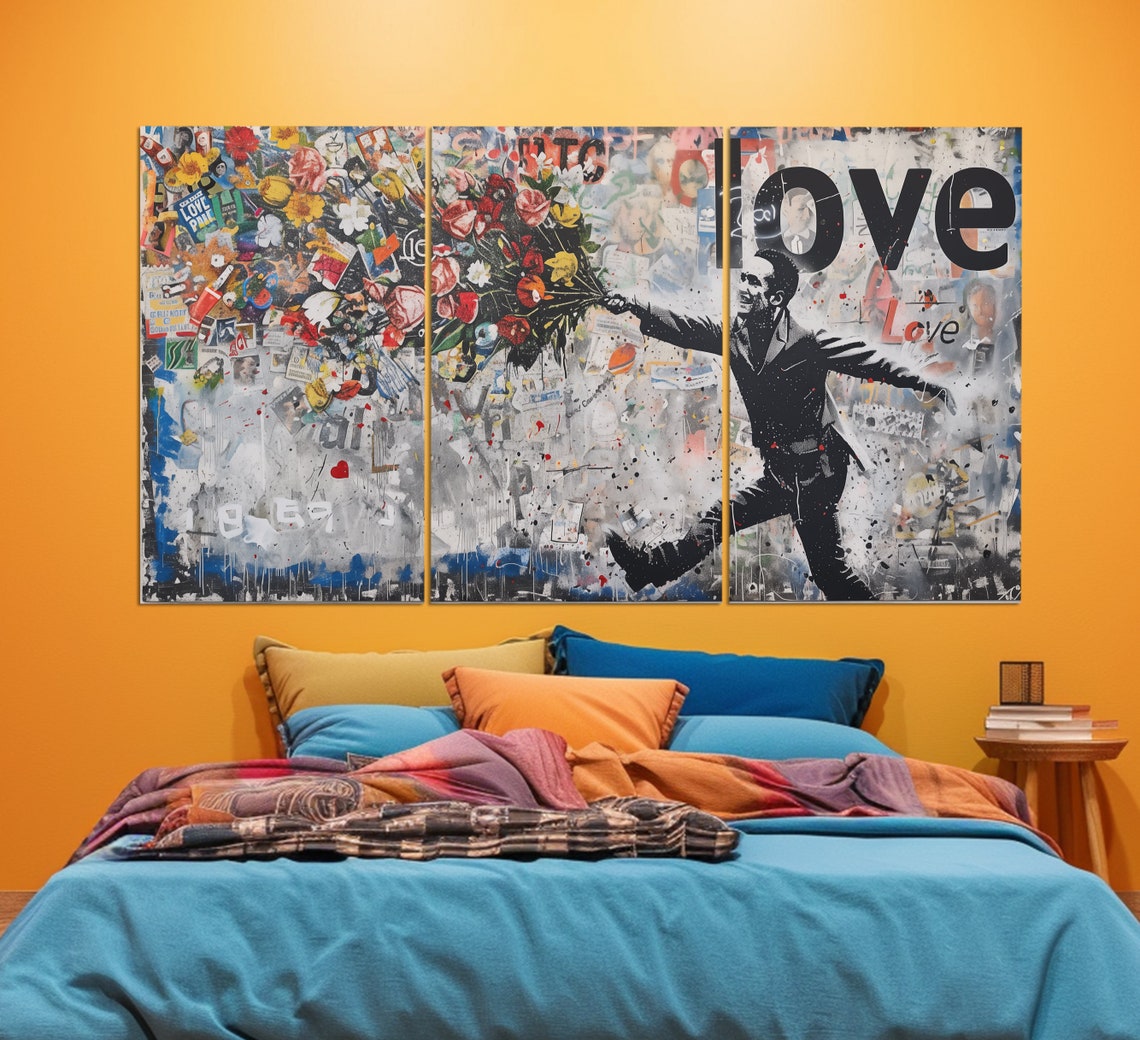 Love Graffiti Art Running Man With Flowers Street Collage Poster - Image 3