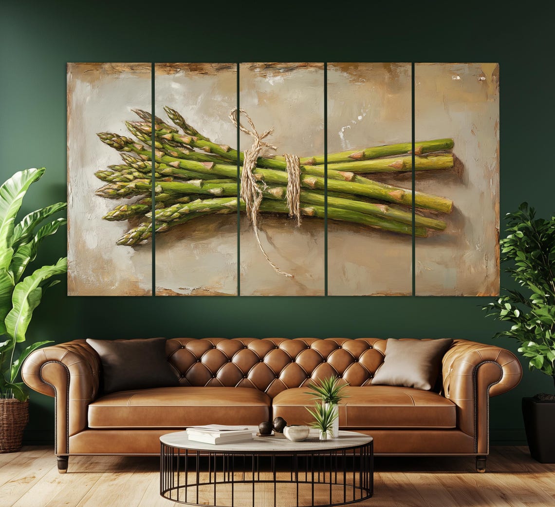 Asparagus Bunch Tied With Twine On Beige Vintage Kitchen Wall Art - Image 2