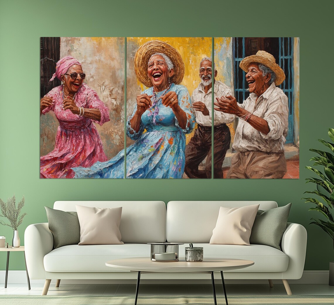 Four Elderly Friends Dancing Joyfully Caribbean Street Party Art Poster - Image 3