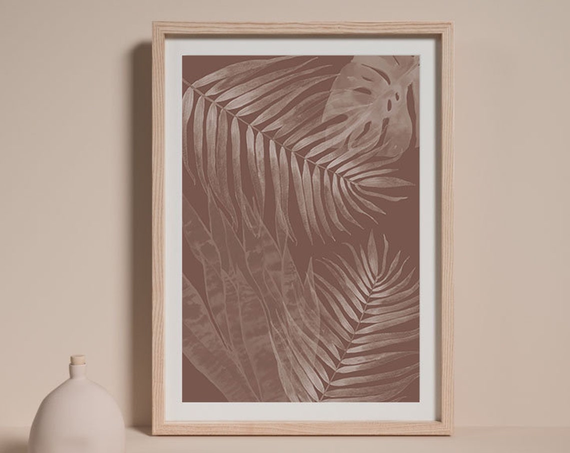 White Palm Leaves Terracotta Background Tropical Watercolor Poster - Image 3
