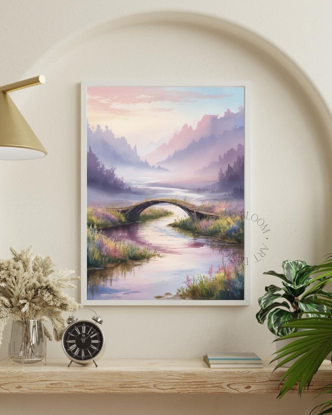 Serene Watercolor River Landscape With Wooden Bridge Art Poster