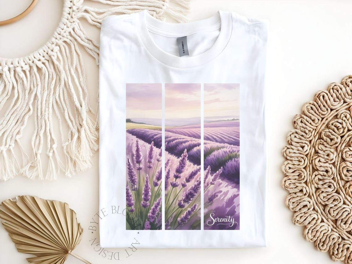 Serenity Lavender Fields Triptych Purple Floral Digital Art Print