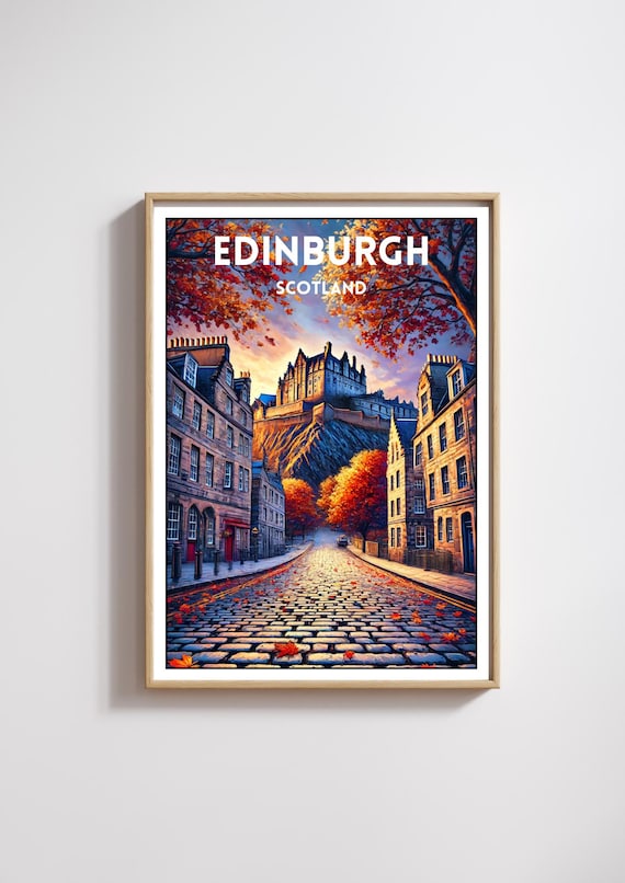 Edinburgh Scotland Castle Cobblestone Autumn Vintage Travel Poster