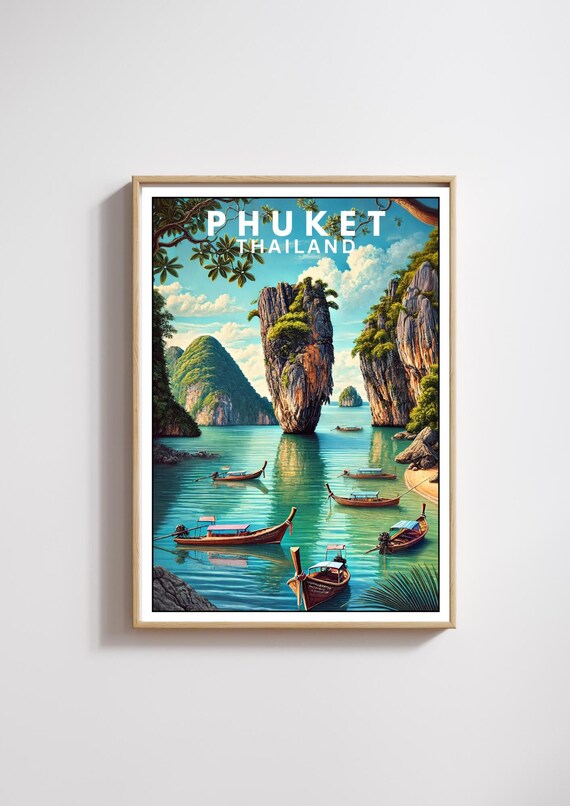 Phuket Travel Poster Thailand Bond Island Art Print Tropical Beach Decor Phang Nga Bay Illustration Phuket Wall Decor Art Thailand Gift Idea