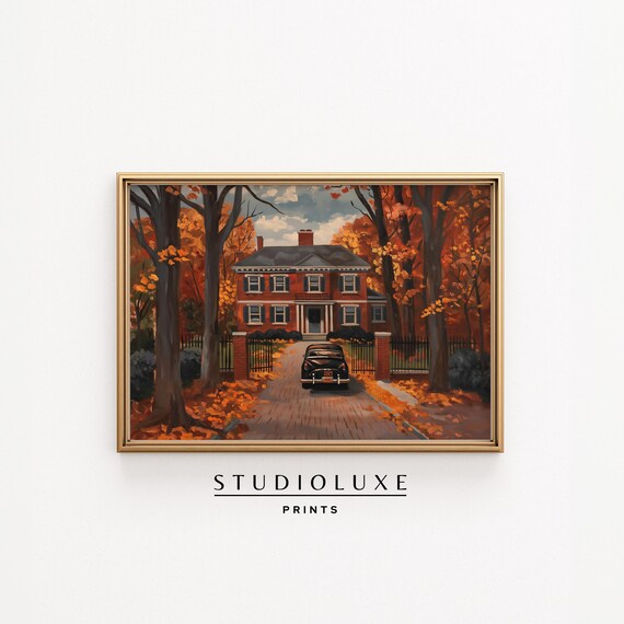Gilded Brick Georgian Mansion Vintage Car Golden Autumn Driveway Poster