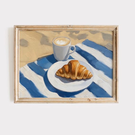 Croissant Coffee Painting Coastal Wall Art Granddaughter Prints Airbnb Decor Trendy Kitchen