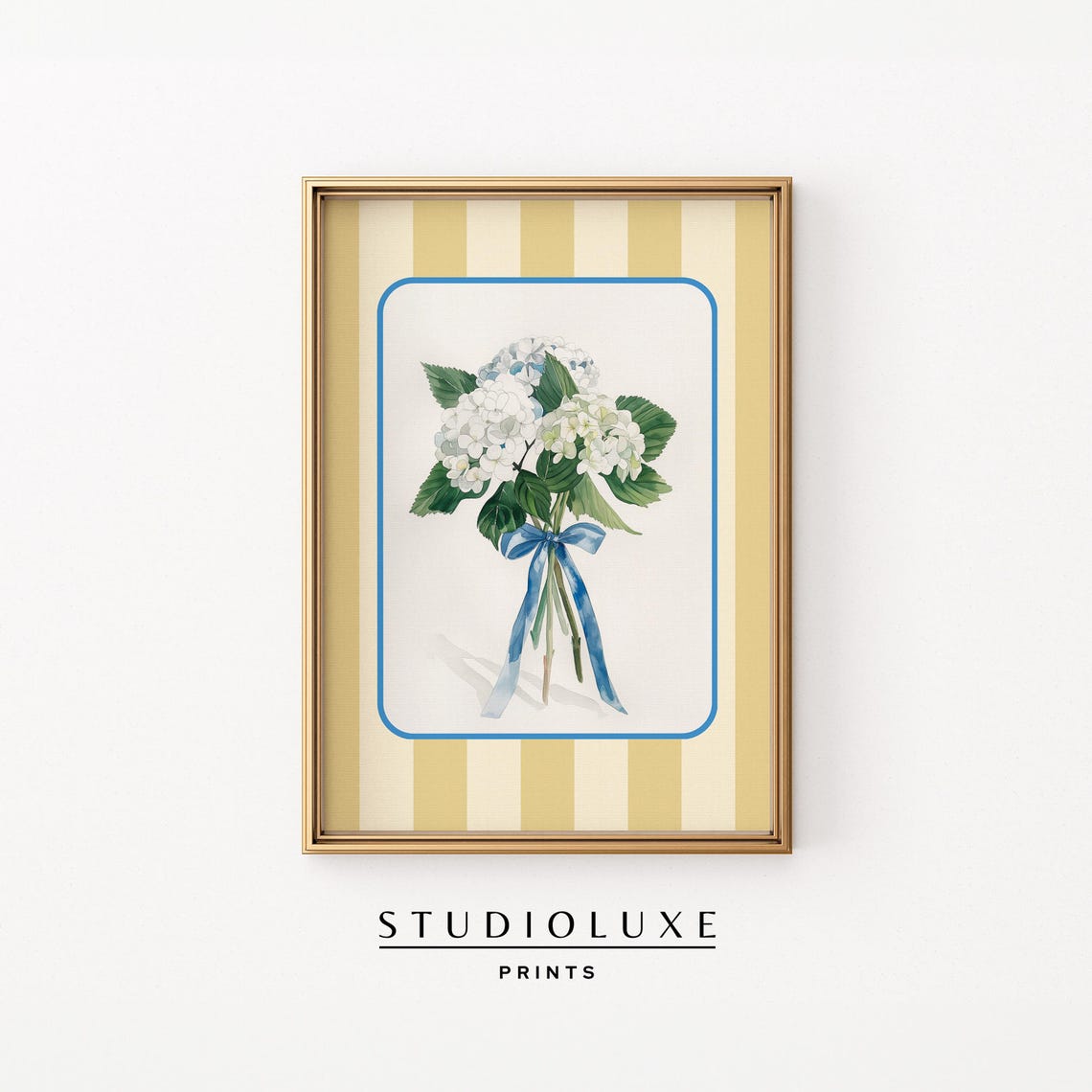 White Hydrangea Bouquet with Blue Ribbon on Yellow Stripes Poster