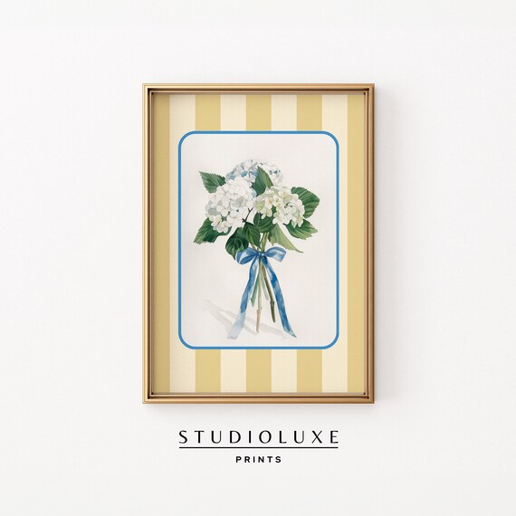 White Hydrangea Bouquet with Blue Ribbon on Yellow Stripes Poster