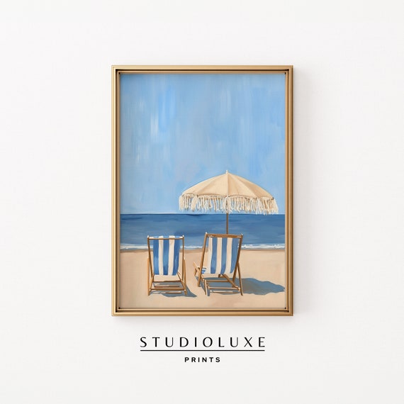 Beach Chairs Painting, Coastal Wall Art Print