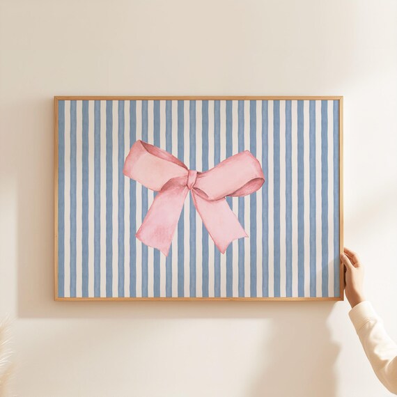 Pink Watercolor Ribbon Bow on Blue Stripes Coquette Style Art Print