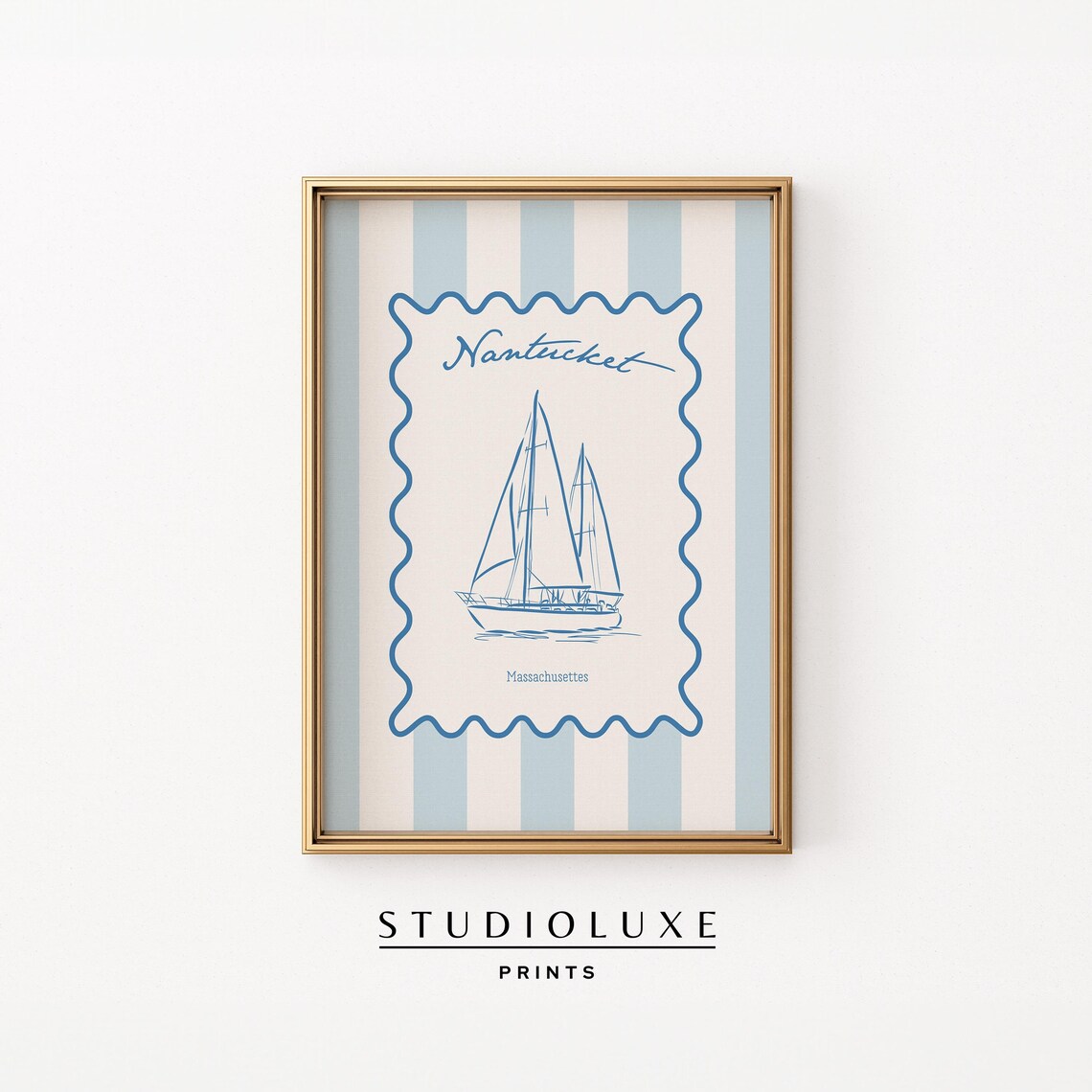 Nantucket Sailboat Line Art Blue Striped Coastal Travel Poster