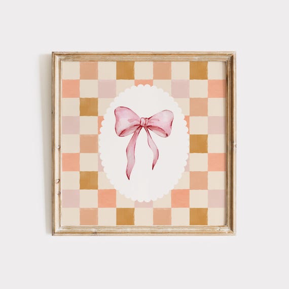 Pink Checkered Bow Wall Art Coquette Room Decor Preppy Trendy Apartment Cute Nursery