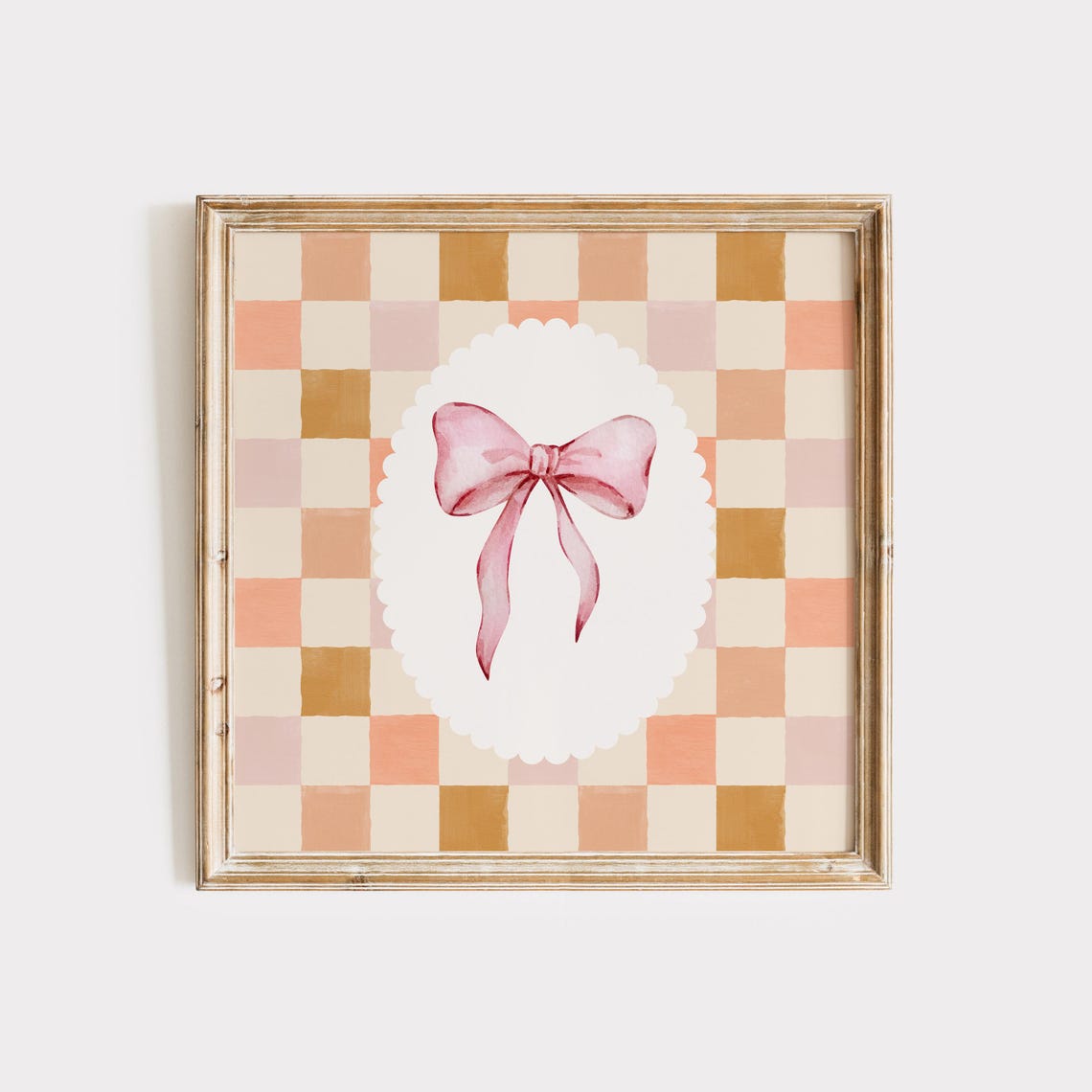 Pink Checkered Bow Wall Art Coquette Room Decor Preppy Trendy Apartment Cute Nursery