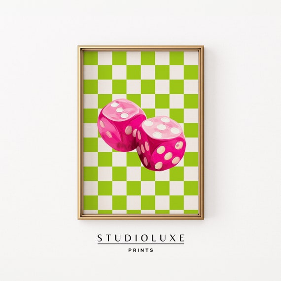Pink Dice Wall Art Checkered Print Dopamine Decor Maximalist Trendy Bar Cart