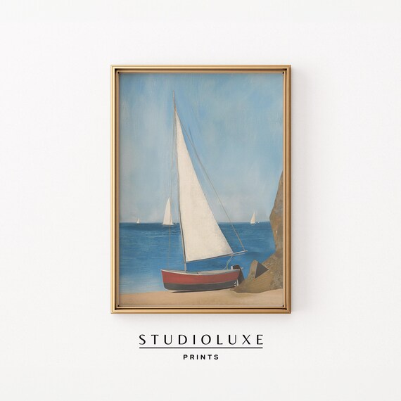 Red Hulled Sailboat White Sails Sparkling Blue Sea Coastal Painting Poster