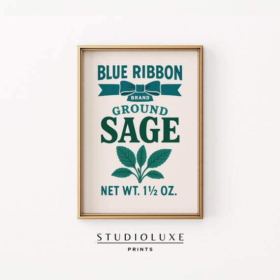 Vintage Sage Herb Label Print Retro Kitchen Wall Art Blue Ribbon Brand Spice Tin Poster Farmhouse Pantry Illustration