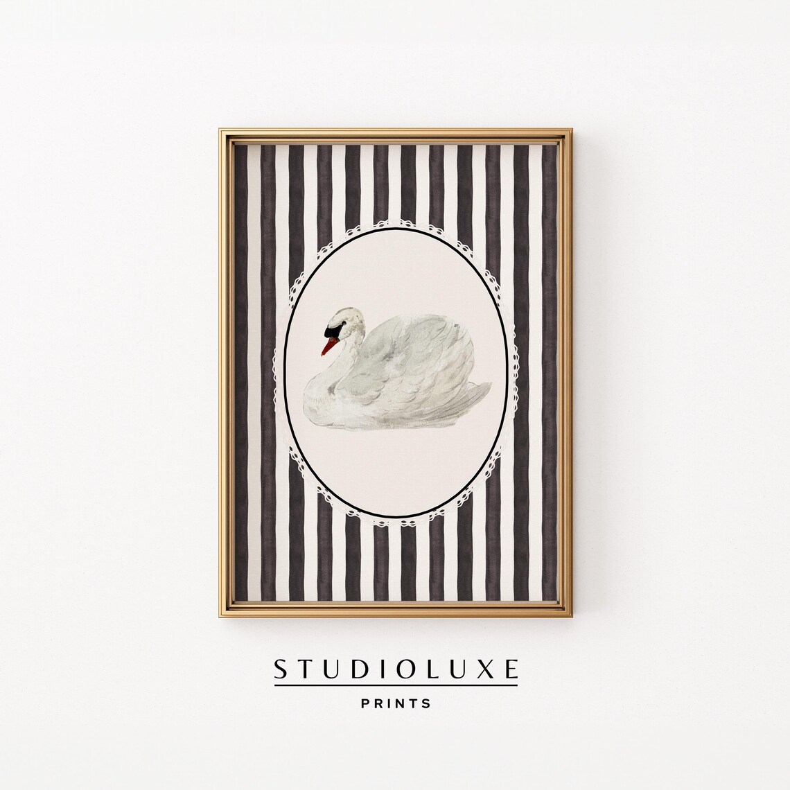 White Swan Medallion on Black Stripes Vintage Bird Art Poster