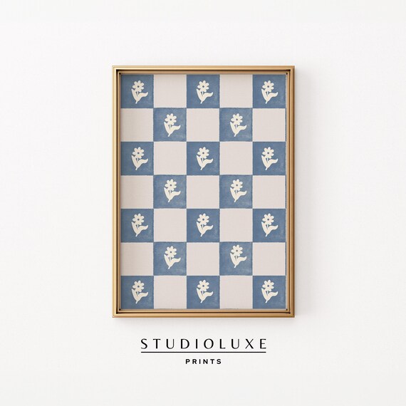 Blue Checkerboard Pattern Scattered with White Daisy Sprigs Poster