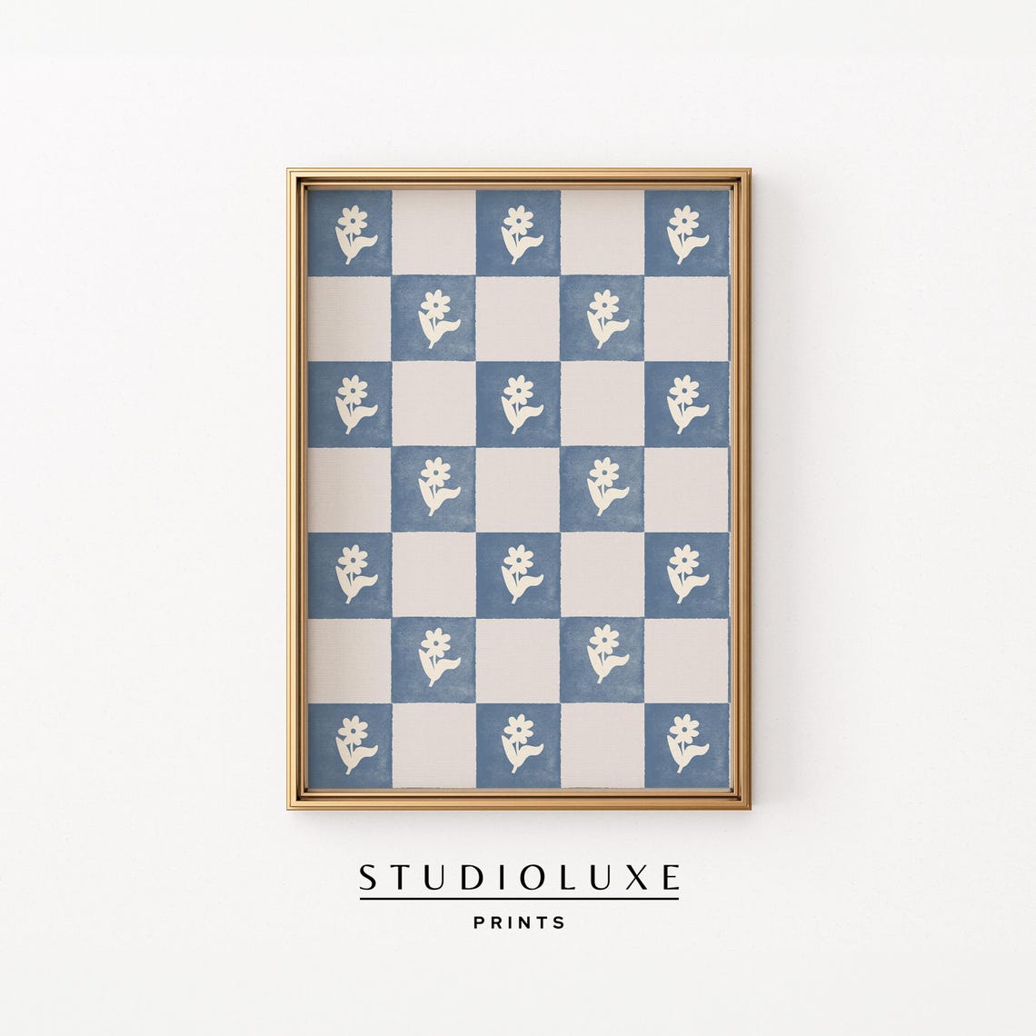 Blue Checkerboard Pattern Scattered with White Daisy Sprigs Poster