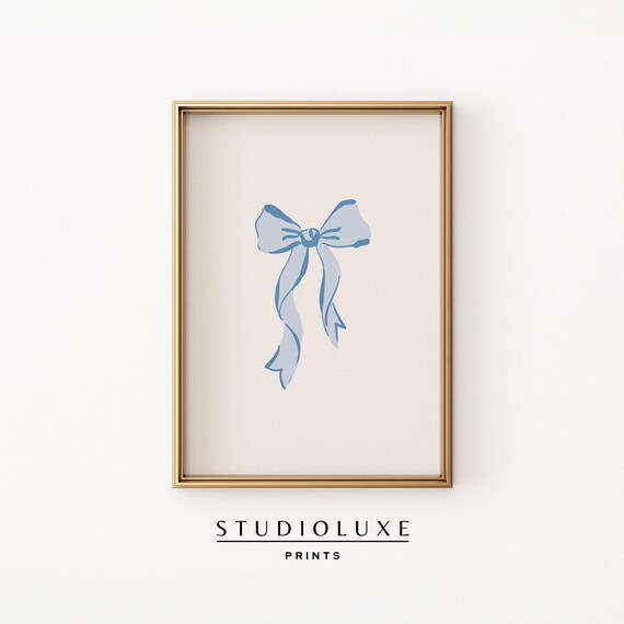 Blue Watercolor Ribbon Bow Minimalist Preppy Room Decor Wall Art