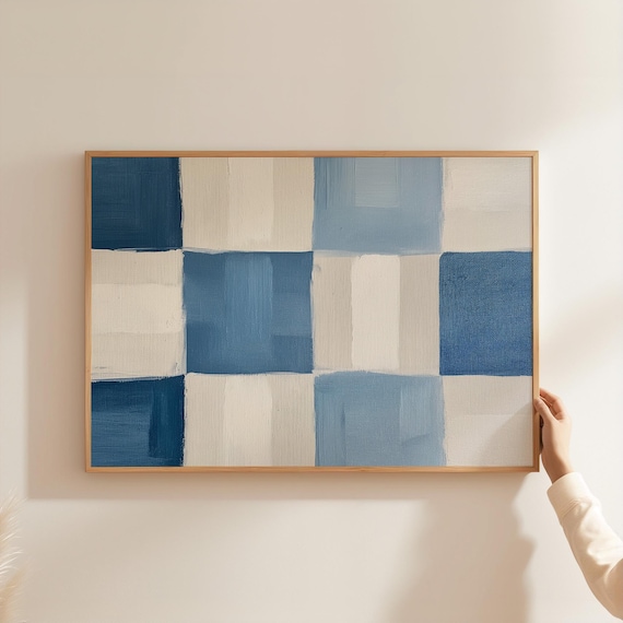 Blue White Checkerboard Poster Minimalist Coastal Abstract Block Art