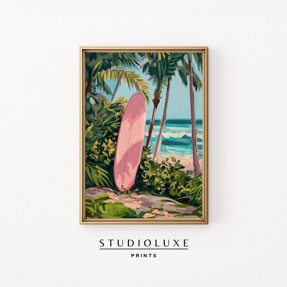 Pink Surfboard Leaning Against Palm Tree at the Beach Poster