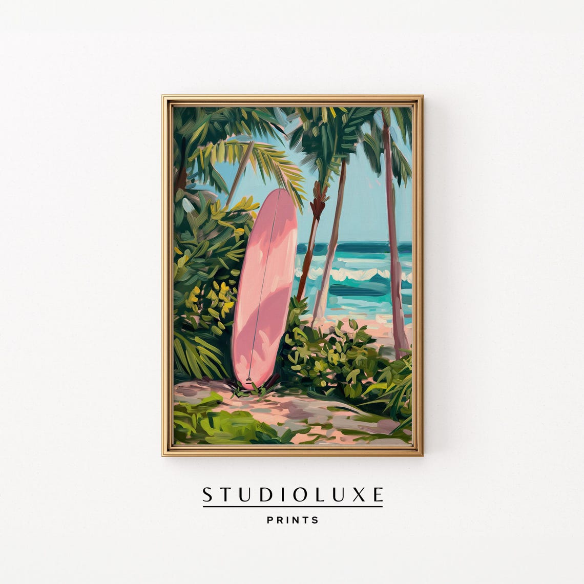 Pink Surfboard Leaning Against Palm Tree at the Beach Poster
