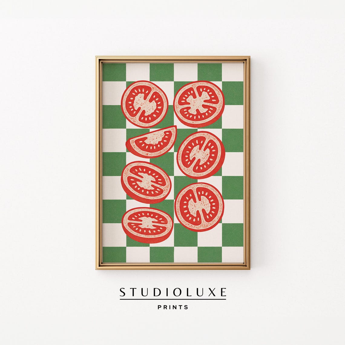 Sliced Red Tomatoes on Green Checkerboard Retro Kitchen Poster
