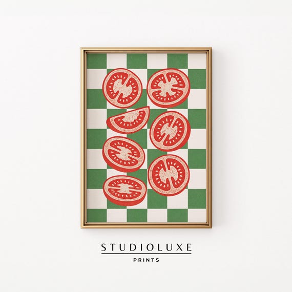Tomato Wall Art Retro Red Print On Green Checkerboard Italian Kitchen Decor Farm Fresh Vegetable For Foodie Walls