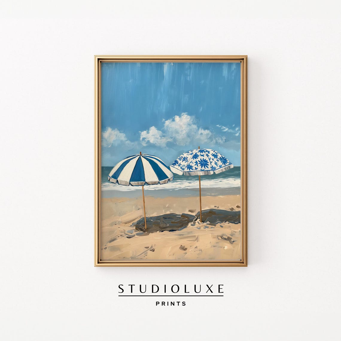 Two Blue And White Beach Umbrellas Standing On Sandy Shore Poster