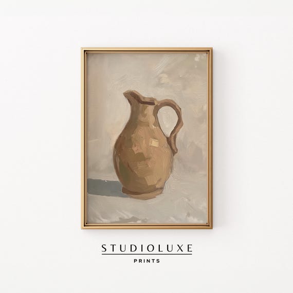 Rustic Jug Wall Art Farmhouse Print Countryside Decor Vintage European Old World Home Moody Beige Painting