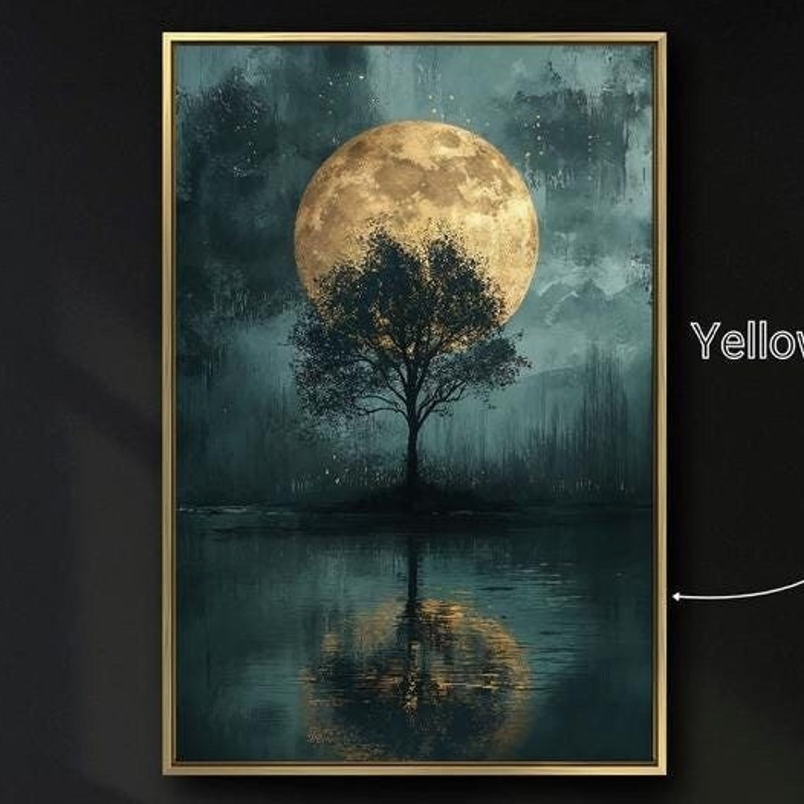 Tree Silhouette Golden Full Moon Dark Water Reflection Art Print