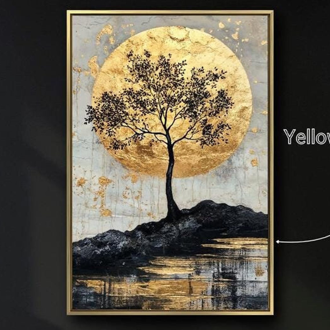 Black Tree Silhouette Gold Full Moon Reflective Water Art Print