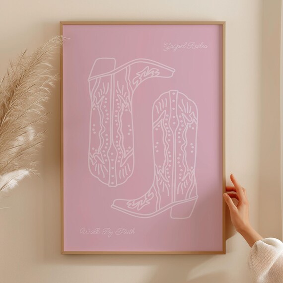 Gospel Rodeo Walk By Faith Pink Cowboy Boots Line Art Western Quote Poster