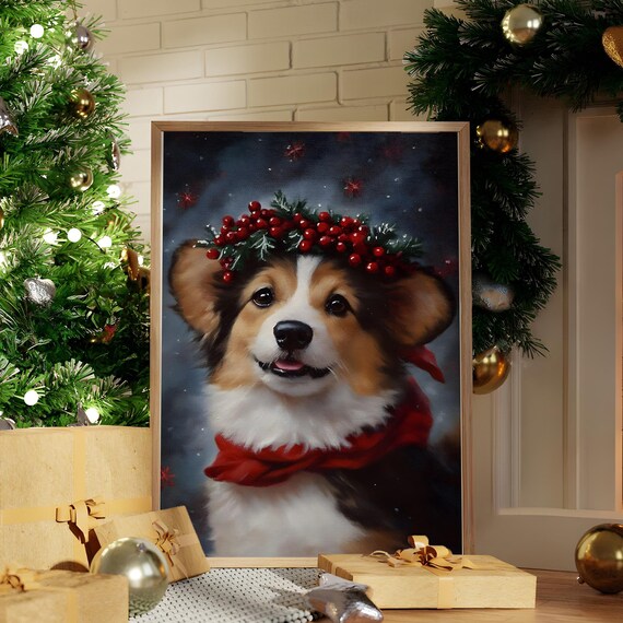 Christmas Corgi Puppy Wearing Berry Wreath Red Scarf Dog Poster