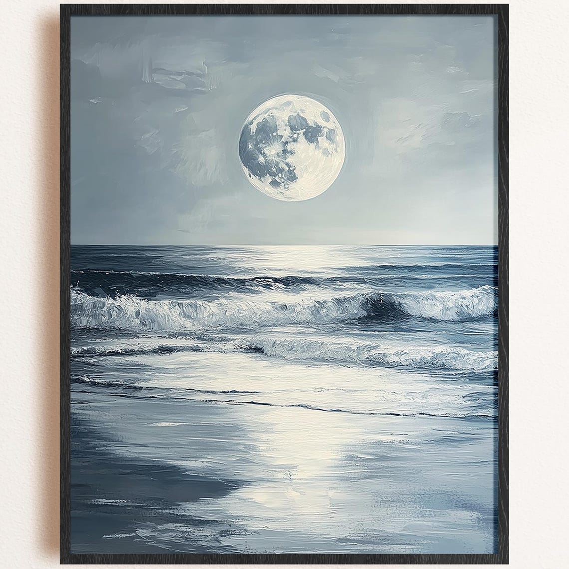 Moonlit Full Moon Ocean Waves Gray Blue Seascape Nighttime Print