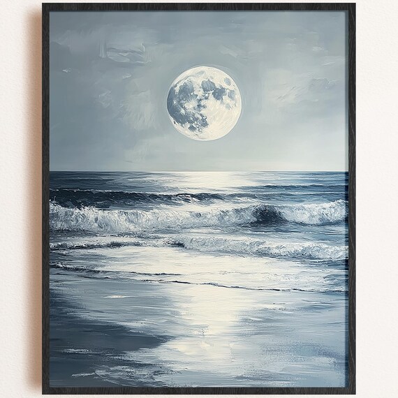 Moonlit Full Moon Ocean Waves Gray Blue Seascape Nighttime Print