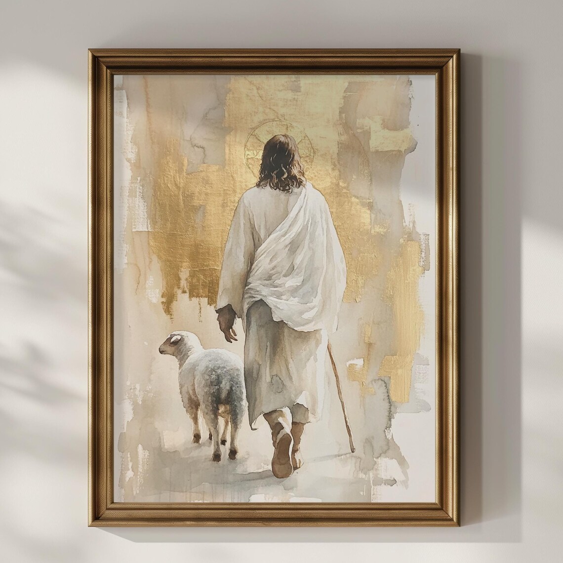 Jesus Christ Shepherd with Staff and Lamb Gold Christian Faith Poster