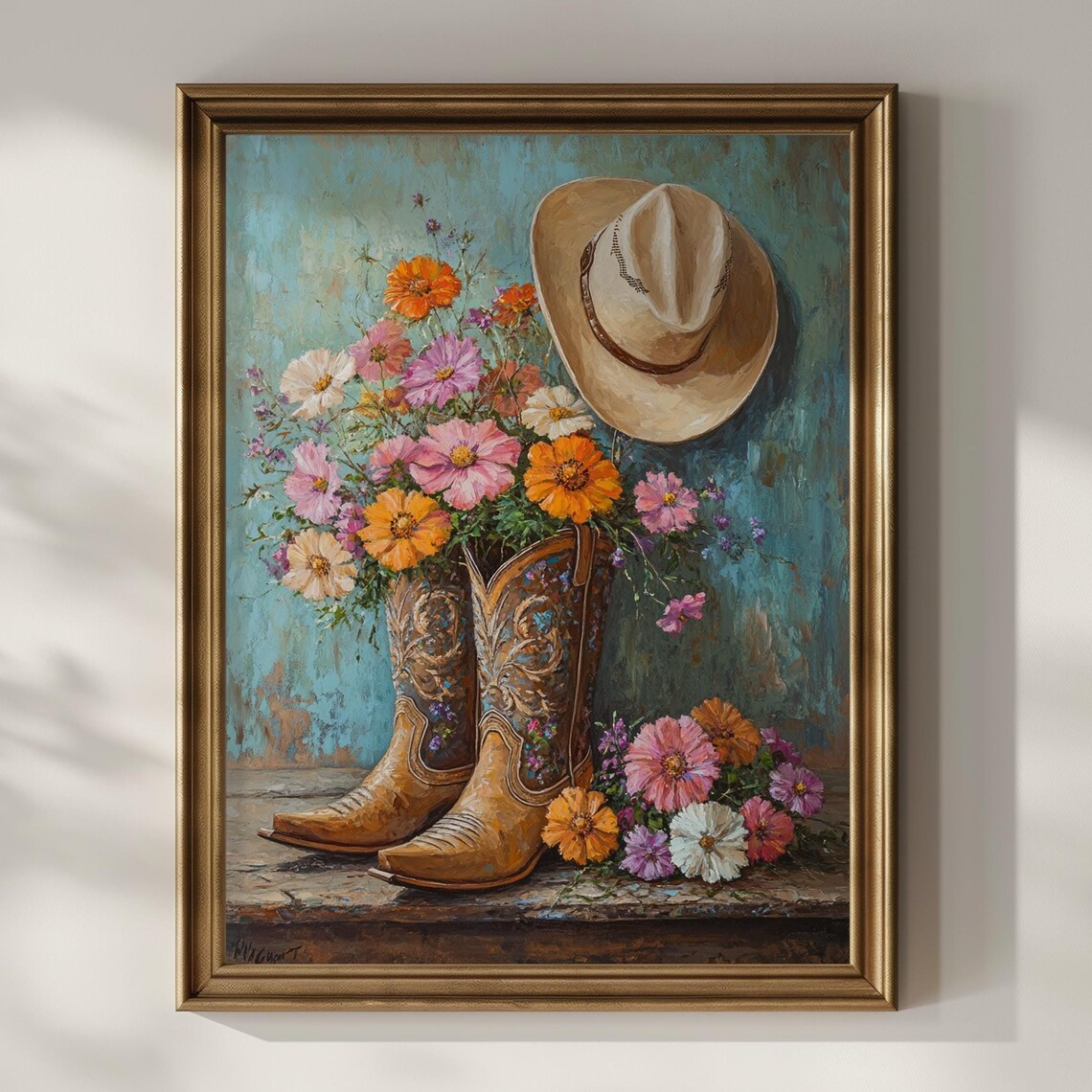 Cowboy Boots Overflowing with Cosmos Flowers and Hat Rustic Art Poster